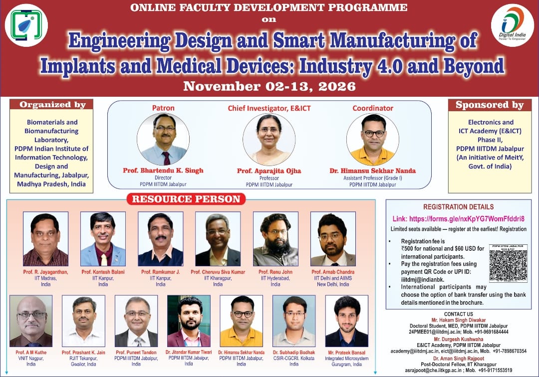 PDPM IIITDM Jabalpur FDP 2026 | Online Faculty Development Programme on Engineering Design and Smart Manufacturing of Implants and Medical Devices